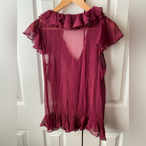 RUGBY Ralph Lauren Burgundy Red 100% Silk Full Button Front Ruffle Blouse SZ 6 - Picture 2 of 6